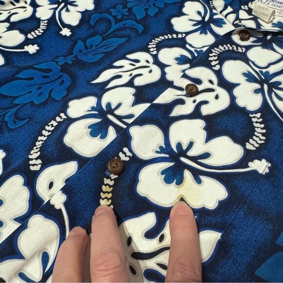 VTG Ky's Mens Hawaiian Shirt Blue Aloha Floral All Over Print Size 2XL *FLAWS* - Picture 9 of 10